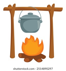 Cooking pot is hanging over a burning campfire on a crossbar, perfect for illustrating outdoor cooking