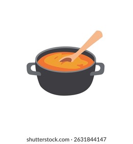Cooking Pot with Hot Soup and Wooden Spoon Vector Illustration