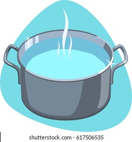 Cooking pot with hot water. Clean stainless pot. Isolated. On blue background. 