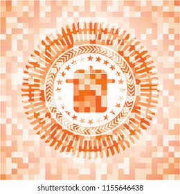 cooking pot icon inside abstract emblem, orange mosaic background