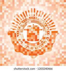 cooking pot icon inside abstract emblem, orange mosaic background