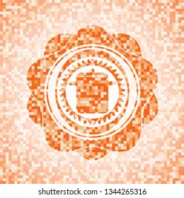cooking pot icon inside abstract emblem, orange mosaic background
