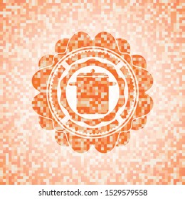 cooking pot icon inside abstract orange mosaic emblem with background