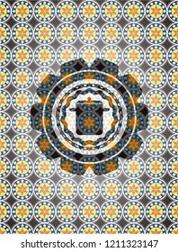 cooking pot icon inside arabesque style badge. arabic decoration.