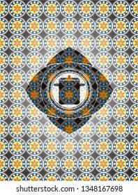cooking pot icon inside arabesque badge background. arabic decoration.