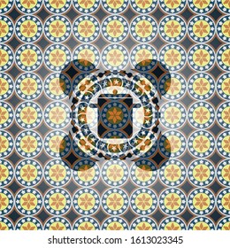 cooking pot icon inside arabesque style emblem. arabic decoration.