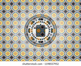cooking pot icon inside arabic badge background. Arabesque decoration.