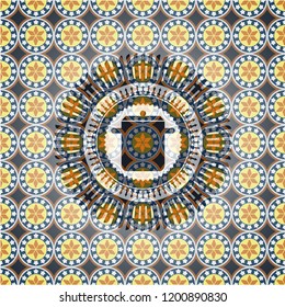 cooking pot icon inside arabic badge background. Arabesque decoration.