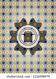 cooking pot icon inside arabic badge background. Arabesque decoration.