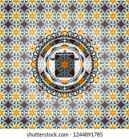 cooking pot icon inside arabic emblem background. Arabesque decoration.