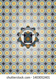 cooking pot icon inside arabic badge. Arabesque decoration.
