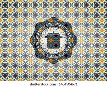 cooking pot icon inside arabic badge. Arabesque decoration.