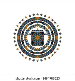 cooking pot icon inside arabic style badge. Arabesque decoration.