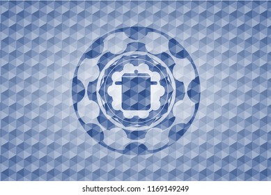 cooking pot icon inside blue emblem or badge with abstract geometric pattern background.