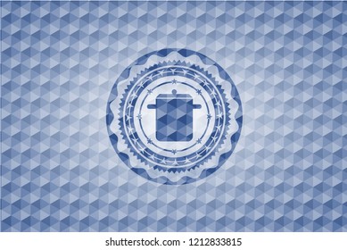 cooking pot icon inside blue badge with geometric pattern.
