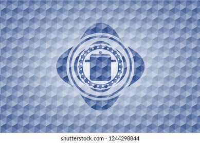 cooking pot icon inside blue badge with geometric background.