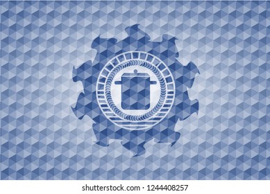 cooking pot icon inside blue emblem or badge with abstract geometric pattern background.