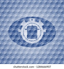 cooking pot icon inside blue emblem with geometric background.