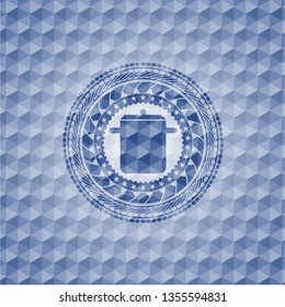 cooking pot icon inside blue hexagon badge.