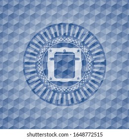 icono de la olla de cocción dentro de la placa azul con fondo geométrico.