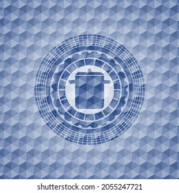 cooking pot icon inside blue polygonal badge. 