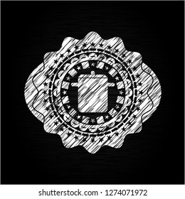 cooking pot icon inside chalkboard emblem written on a blackboard