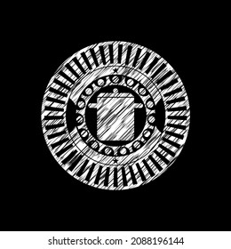cooking pot icon inside chalkboard emblem on black board. 