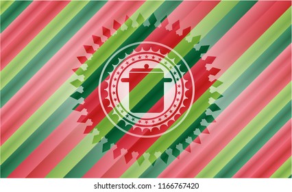 cooking pot icon inside christmas colors style badge.