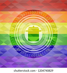 cooking pot icon inside emblem on mosaic background with the colors of the LGBT flag