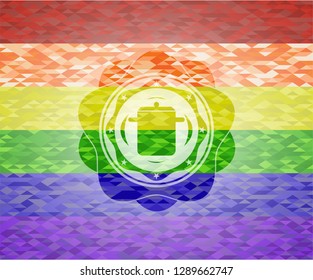 cooking pot icon inside emblem on mosaic background with the colors of the LGBT flag