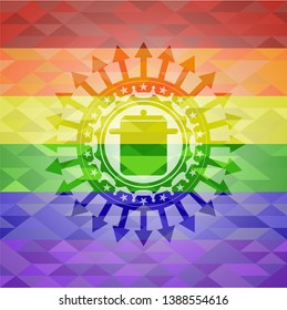 cooking pot icon inside emblem on mosaic background with the colors of the LGBT flag