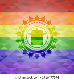 cooking pot icon inside emblem on mosaic background with the colors of the LGBT flag. 