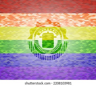 cooking pot icon inside emblem on mosaic background with the colors of the LGBT flag. 