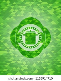 cooking pot icon inside green emblem. Mosaic background