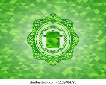 cooking pot icon inside green emblem. Mosaic background
