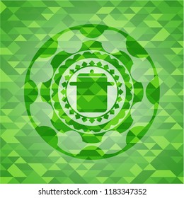 cooking pot icon inside green emblem. Mosaic background