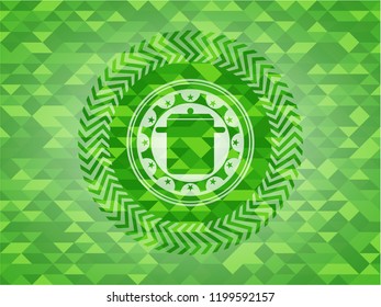 cooking pot icon inside green emblem with triangle mosaic background
