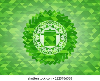 cooking pot icon inside green emblem with mosaic ecological style background