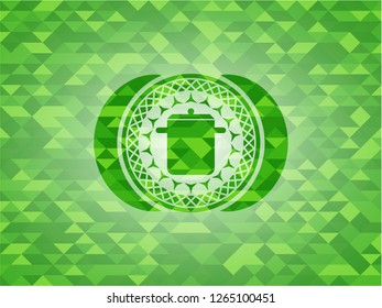 cooking pot icon inside green emblem. Mosaic background