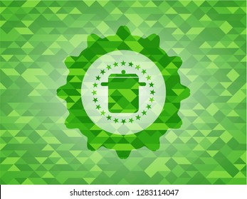 cooking pot icon inside green emblem with mosaic background