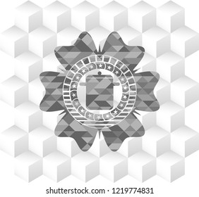 cooking pot icon inside grey badge with geometric cube white background