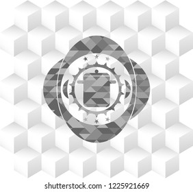 cooking pot icon inside grey emblem with geometric cube white background