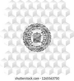 cooking pot icon inside grey badge with geometric cube white background