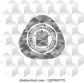 cooking pot icon inside grey emblem. Vintage with geometric cube white background