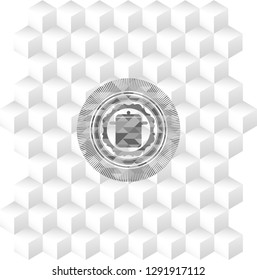 cooking pot icon inside grey emblem with geometric cube white background