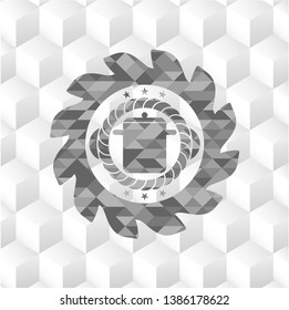 cooking pot icon inside grey emblem with geometric cube white background