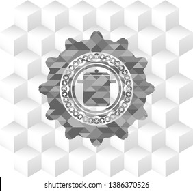 cooking pot icon inside grey badge with geometric cube white background
