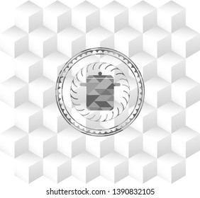 cooking pot icon inside grey badge with geometric cube white background