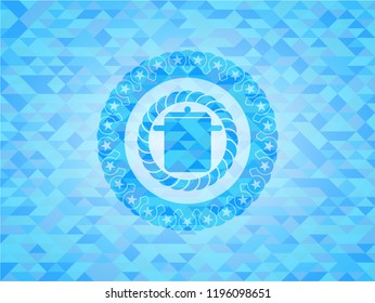 cooking pot icon inside light blue emblem. Mosaic background