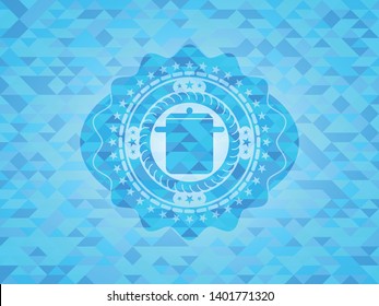 cooking pot icon inside light blue emblem. Mosaic background